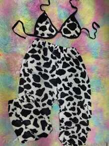 Top And Jogger One Size TEddy Flannel Cow One Size Or Large - Black and White - View 3