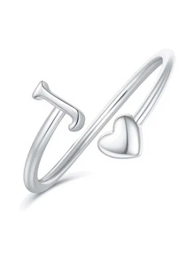 Vanel 1 件女士简约心形开口字母戒指，完全可调节 A-Z 字母字母戒指开口设计，可爱字母爱心戒指，适合婚礼珠宝（注意：铜材质较软）情人节、妈妈、母亲、母亲节、礼物 - 銀色 - 查看 6