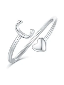 Vanel 1 件女士简约心形开口字母戒指，完全可调节 A-Z 字母字母戒指开口设计，可爱字母爱心戒指，适合婚礼珠宝（注意：铜材质较软）情人节、妈妈、母亲、母亲节、礼物 - 銀色 - 查看 9