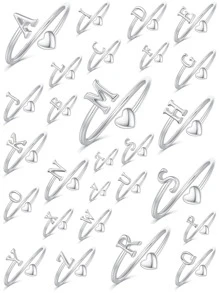 Vanel 1 件女士简约心形开口字母戒指，完全可调节 A-Z 字母字母戒指开口设计，可爱字母爱心戒指，适合婚礼珠宝（注意：铜材质较软）情人节、妈妈、母亲、母亲节、礼物 - 銀色 - 查看 3