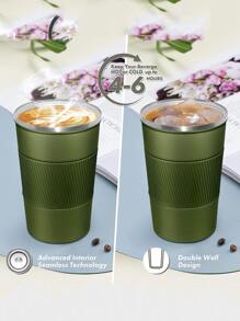1pc Reusable Travel Insulated Tumbler With Leak-Proof Lid, Suitable For Hot & Cold Drinks/Tea, Portable Stainless Steel Thermal Mug For Travel, Car Use - Army Green - View 2
