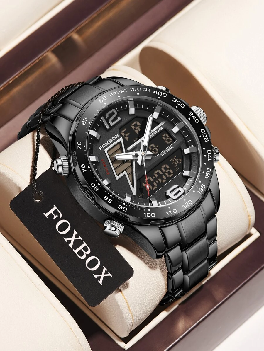 Foxbox Đồng hồ nam thương hiệu sang trọng hàng đầu Đồng hồ thể thao mặt lớn Đồng hồ nam Chronograph Quartz Đồng hồ đeo tay ngày Đồng hồ nam - màu đen - Xem 1