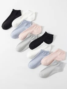 10pairs Solid Color Lace Trim Simple & Versatile Mori Style Breathable & Odor Resistant Women's Ankle Socks