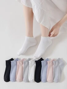 10pairs Solid Color Lace Trim Simple & Versatile Mori Style Breathable & Odor Resistant Women's Ankle Socks