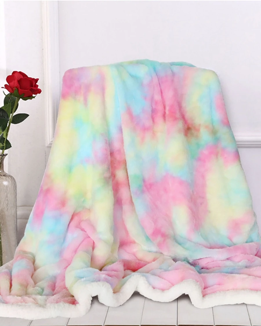 Fuzzy Rainbow Colour Blanket Thick Fleece Blanket Long Shaggy Hair Sherpa Cozy Soft Throw Blanket For Couch Sofa Bedding Living Room - 彩色 - 查看 1