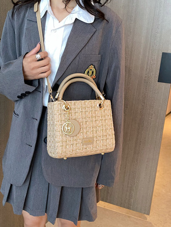 Exquisite, Elegant Portable Fashionable Mini Khaki Plaid Pattern Square Bag With Pendant For Female, For Lady Best Personalized Gifts For Women, Mom & Girlfriends, Fashionable Business Casual Bag For Women, Perfect For Office, Business And Work, Bag For Women Elegant