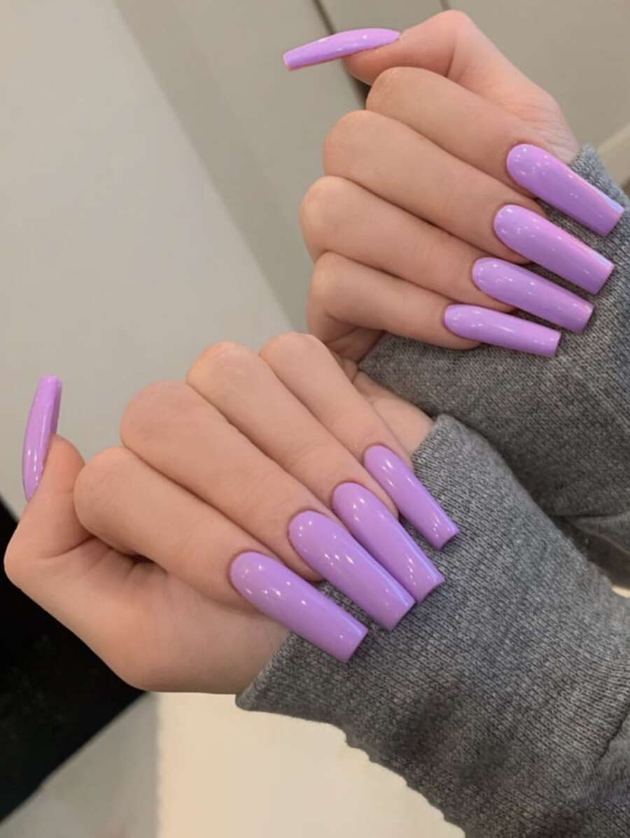 24入組XXL超長方形素色假指甲,紫色顏色,簡約風格,包括1入組指甲銼和1入組果凍膠水 - 紫羅蘭色 - 查看 1