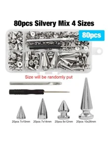80入組銀尖頭釘珠螺絲鉚釘套裝帶組裝工具 - 銀色 - 查看 2
