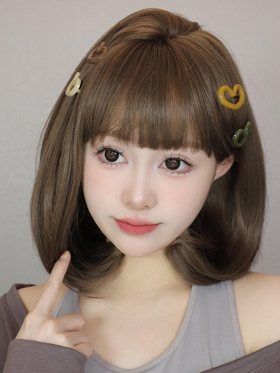 深啡色短直齊瀏海髮型 + 化學纖維髮材質 + 模擬蓋頭皮,適合日常使用 - 棕色 - 查看 1