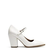 Women's Closed Toe High Chunky Heels Shoes Dress Block Pointed Toe Comfortable Wedding Work Pumps - 白色 - 查看 3