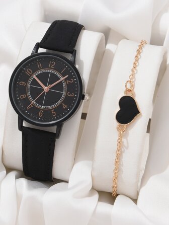 2入組/套女士們時尚休閒PU皮革帶石英表帶數字顯示幕,愛心設計手環,手錶首飾套裝