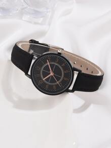 2入組/套女士們時尚休閒PU皮革帶石英表帶數字顯示幕,愛心設計手環,手錶首飾套裝 - 黑色 - 查看 2