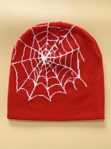 1入紅色Y2K帶字母、蜘蛛網、提花針織、可反轉設計的針織帽子，適合男女及潮流嘻哈滑雪街頭帽 - 紅色 - 查看 3