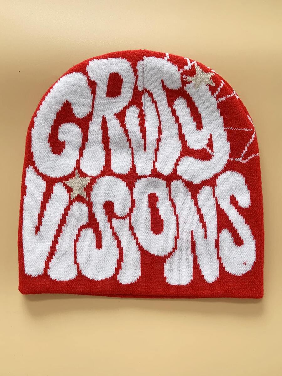 1入紅色Y2K帶字母、蜘蛛網、提花針織、可反轉設計的針織帽子，適合男女及潮流嘻哈滑雪街頭帽