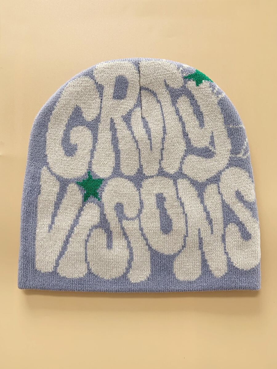 男式星星和字母圖形針織帽，街頭風格