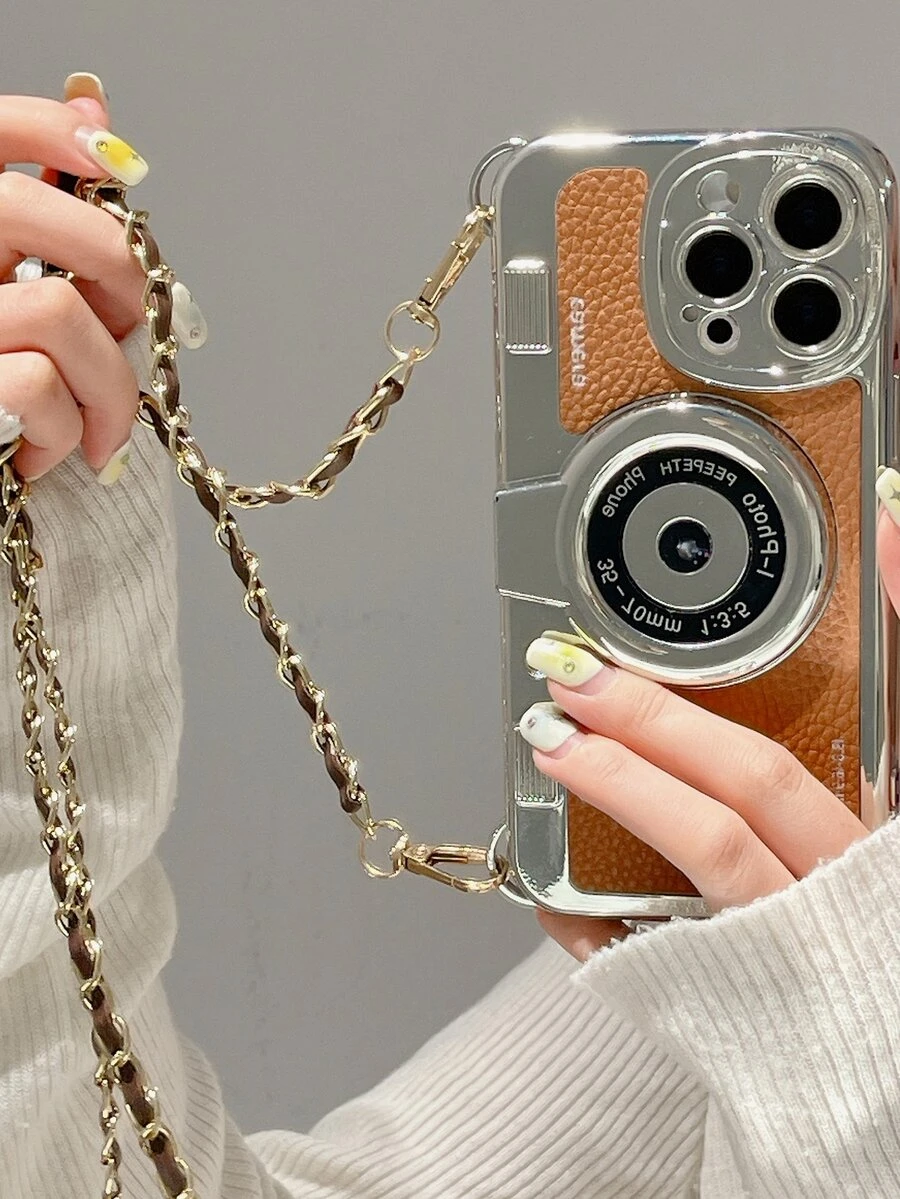 Camera Pattern Phone Case With Lanyard - Brown - View 1
