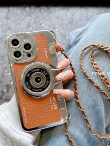 Camera Pattern Phone Case With Lanyard - Brown - View 3