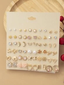 時髦花卉圖案,月亮&蝴蝶形狀每天簡約風耳環 - 彩色 - 查看 1