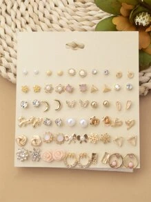 時髦花卉圖案,月亮&蝴蝶形狀每天簡約風耳環 - 彩色 - 查看 2