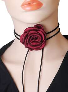 1 chiếc vòng cổ bằng vải Gothic lãng mạn cho nữ, hoa hồng lớn, dây xích xương đòn, thời trang Hàn Quốc, phụ kiện Y2K, thanh lịch, ngày lễ tình nhân ở trường, ngày lễ tình nhân - Màu Đỏ Sâu - Xem 3