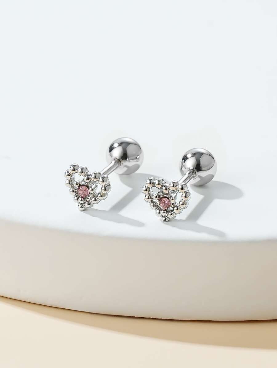 1對不銹鋼簡約風可愛粉色的水鑽鑲嵌心形女士耳環 - 銀色 - 查看 1