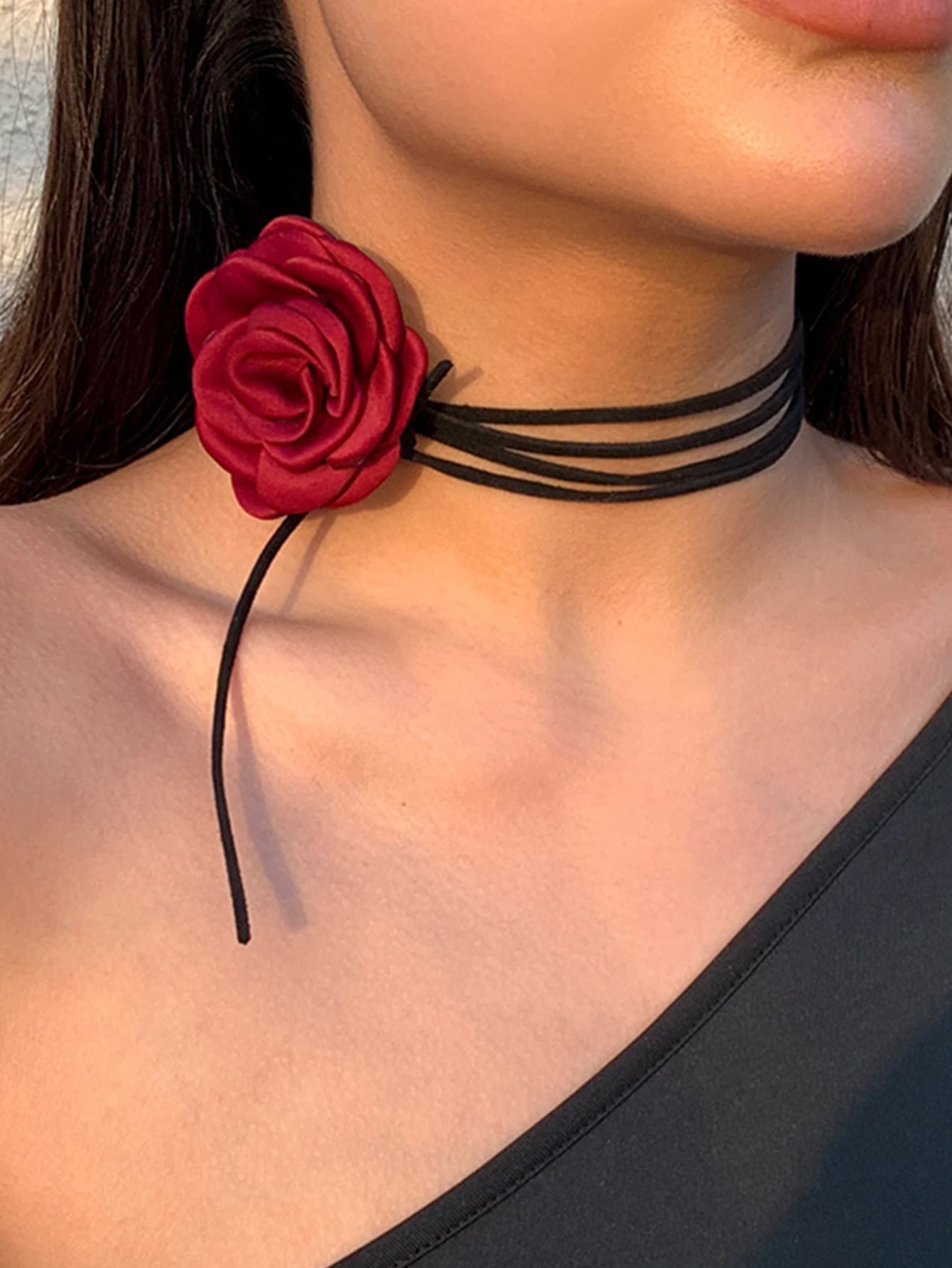 1 chiếc vòng cổ bằng vải Gothic lãng mạn cho nữ, hoa hồng lớn, dây xích xương đòn, thời trang Hàn Quốc, phụ kiện Y2K, thanh lịch, ngày lễ tình nhân ở trường, ngày lễ tình nhân - Màu Đỏ Sâu - Xem 1