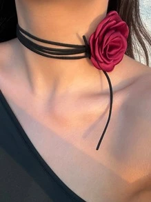 1 chiếc vòng cổ bằng vải Gothic lãng mạn cho nữ, hoa hồng lớn, dây xích xương đòn, thời trang Hàn Quốc, phụ kiện Y2K, thanh lịch, ngày lễ tình nhân ở trường, ngày lễ tình nhân - Màu Đỏ Sâu - Xem 2