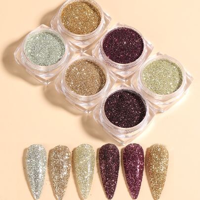 FULL BEAUTY 6 lọ bột nhũ kim tuyến móng tay Y2K hiệu ứng hologram vàng đỏ rượu vang, lấp lánh, dùng để trang trí móng tay DIY.