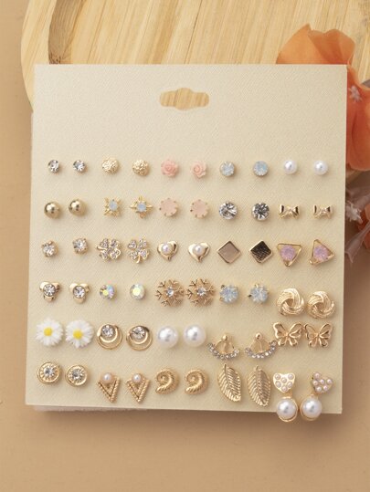 1card/60pcs Fashionable Rhinestone Floral, Moon, Butterfly, Geometric Shape Simple Stud Earrings Set For Daily Wear And Travel Holidays