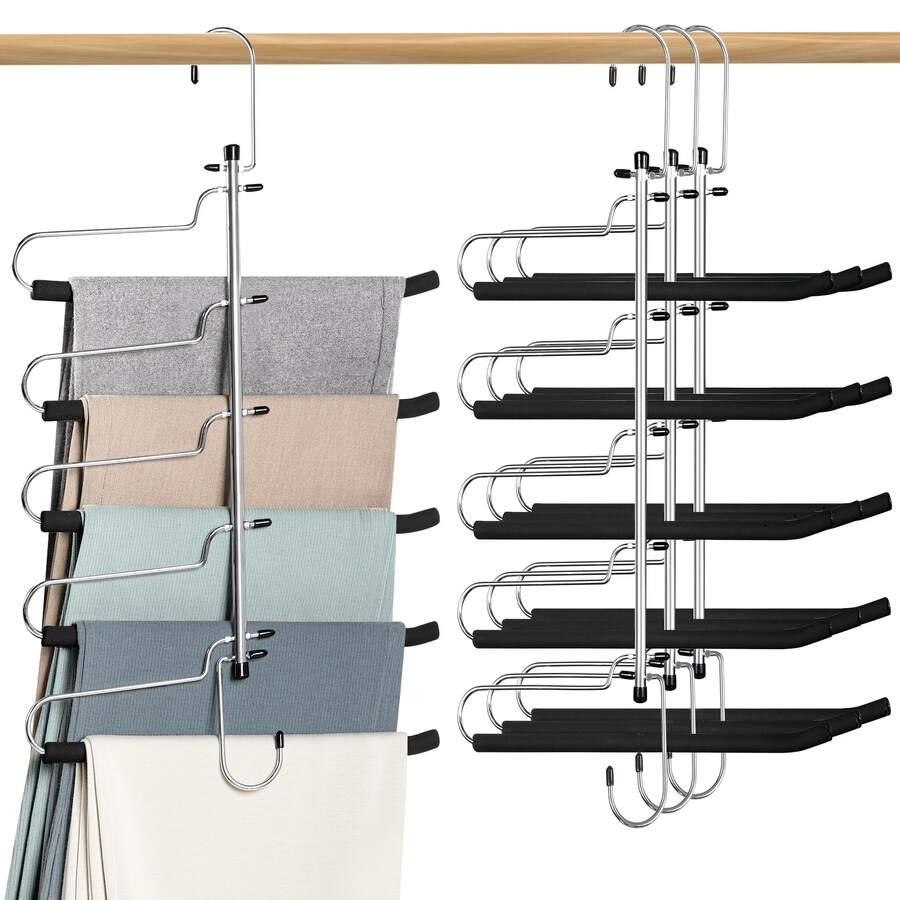 HMSEC 4 Pack Pants Hangers Space Saving, Non-Slip 5 Layers Clothes Pants Hangers Rack for Closet Storage, Heavy Duty Pants Hangers for Slacks Scarf Jeans and Ties - Đen và Bạc - Xem 1