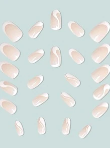 24入組圓頭法式美甲尖，帶白色波浪設計，包括果凍膠和指甲銼 - 白色 - 查看 3