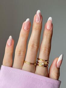 24入組圓頭法式美甲尖，帶白色波浪設計，包括果凍膠和指甲銼 - 白色 - 查看 1