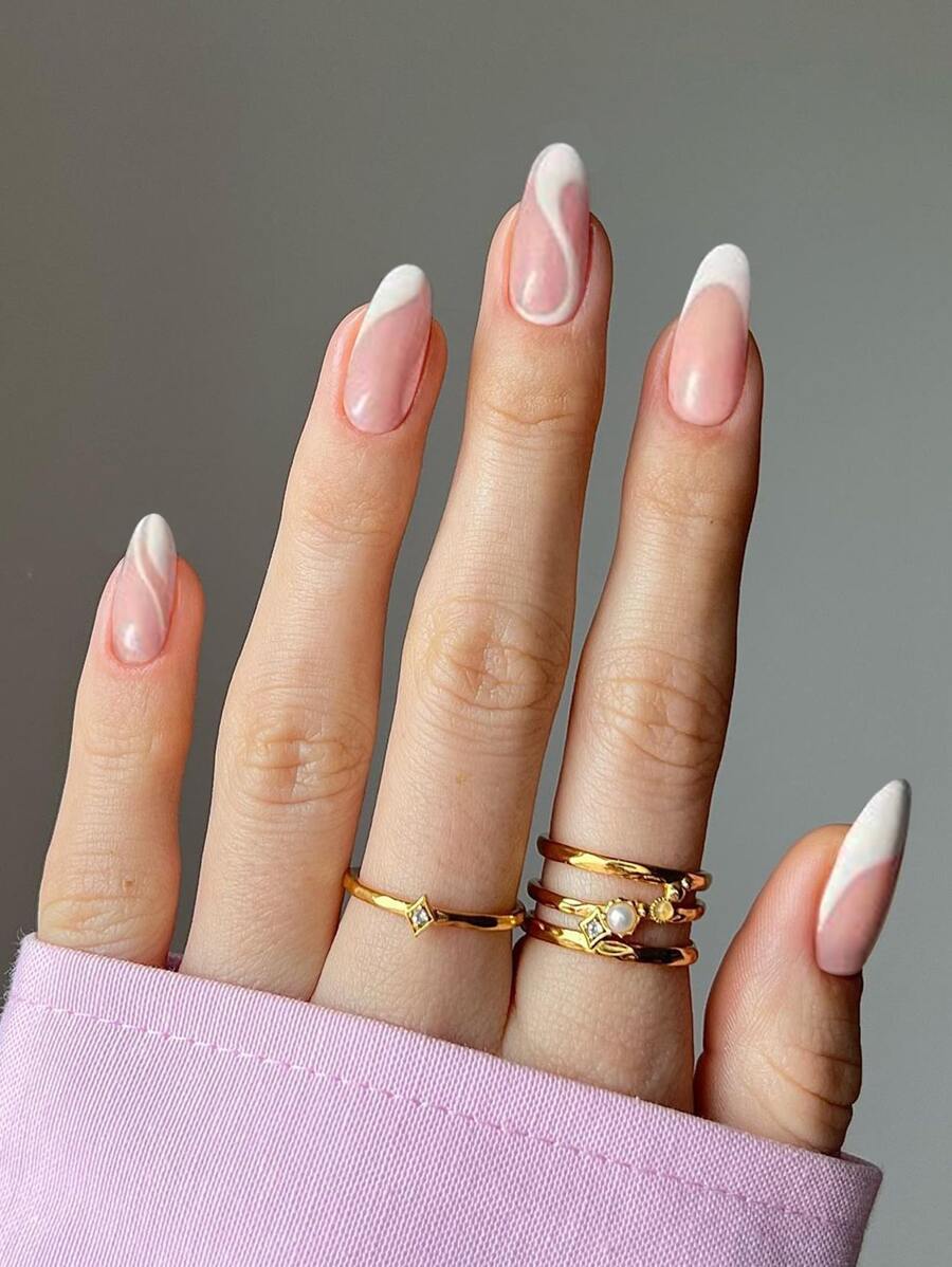 24入組圓頭法式美甲尖，帶白色波浪設計，包括果凍膠和指甲銼 - 白色 - 查看 1