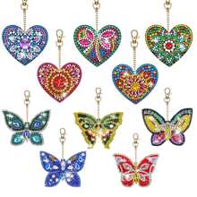 10 pièces Kit de porte-clés de peinture de diamant, kit de porte-clés d'art de diamant convenant aux enfants - décoration de sac et de clé, porte-clés en forme de papillon et de cœur à diamant pointillé 5D double face, artisanat DIY pour enfants et adultes