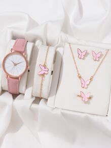 6入組/套女士們時尚簡約風閒暇石英表,蝴蝶手環,耳環,項鍊,圓環和手錶配件套裝 - 粉色 - 查看 1