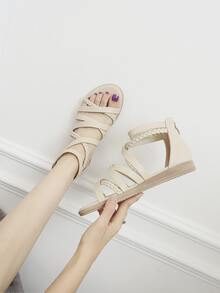 女式平底涼鞋,夏季編織休閒羅馬鞋 - 杏色 - 查看 6