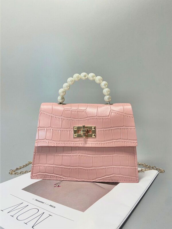Grande Capacidade, À Prova D'Água, Portátil, Clássico, Casual, Rosa Rosa Crocodilo Padrão Falso Pérola Corrente Alça Bolsa De Ombro E Bolsa Para Mulheres Para Meninas Adolescentes Mulheres Estudantes Universitários, Novatos E Trabalhadores De Colarinho Branco Perfeito Para Escritório, Trabalho, Negócios, Deslocamento Diário, Faculdade, Ao Ar Livre , Viagens , Passeios