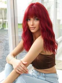 紅色中長捲髮帶劉海,適用於日常穿著的合成纖維頭髮,模擬頭皮 - 紅色 - 查看 3