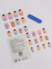24pcs Short Square Decorative Fake Nails, 1pc Nail File And 1pc Tape - Multicolor - View 3
