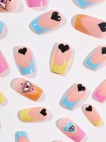 24pcs Short Square Decorative Fake Nails, 1pc Nail File And 1pc Tape - Multicolor - View 2