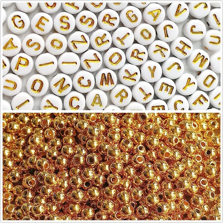 700金色顏色釘珠套裝,字母珠子和金色隔片珠子,適用於DIY手環項鍊工藝珠寶製作 - 金色 - 查看 1