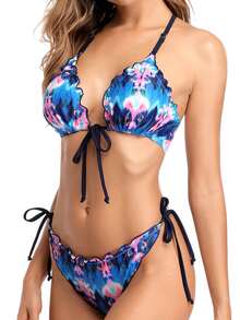 Tie Dye Lettuce Trim Halter Triangle Bikini Set Summer - Multicolor - View 1