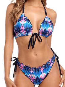 Tie Dye Lettuce Trim Halter Triangle Bikini Set Summer - Multicolor - View 2