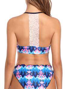 Tie Dye Lettuce Trim Halter Triangle Bikini Set Summer - Multicolor - View 3