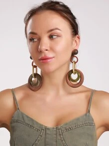 波西米亞撞色圓形耳墜適合女士日常裝飾 - 棕色 - 查看 2