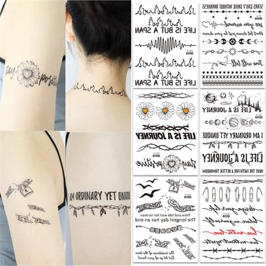 6pcs/set Temporary Tattoo Sticker With English Letters, Inspirational And Positive Words, Suitable For Adult Men And Women, Neck Tattoo Decal - Black - View 1
