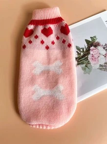 Valentine's Day Pet Sweater With Heart And Bone Pattern