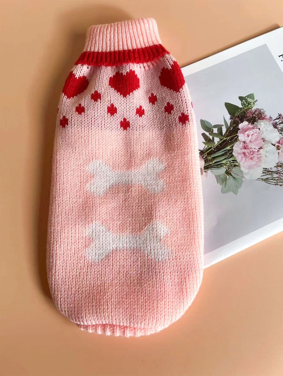 Valentine's Day Pet Sweater With Heart And Bone Pattern