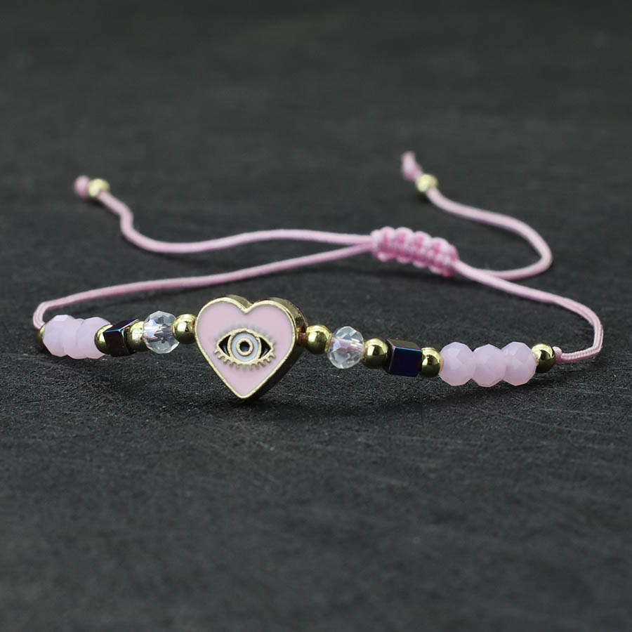 波西米亞小珠子編織繩手鍊吊飾心形設計眼睛手鍊女士臂章首飾 - 粉色 - 查看 1