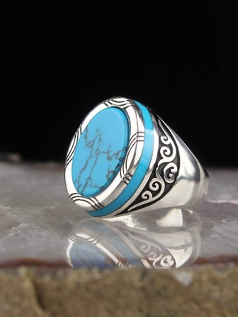 1pc European And American Style Personality Retro Punk Turquoise Stone Men's Ring For Date